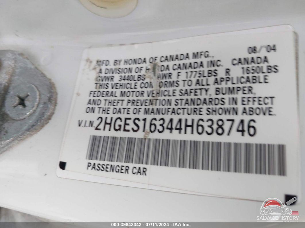 2HGES16344H638746 2004 HONDA CIVIC photo no. 9