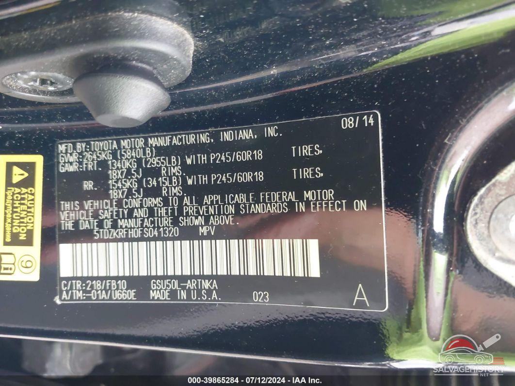 5TDZKRFH0FS041320 2015 TOYOTA HIGHLANDER photo no. 9
