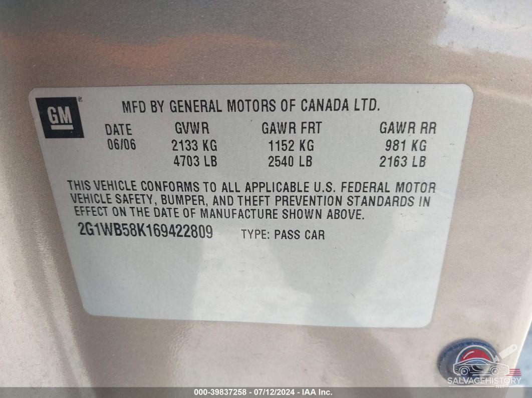 2G1WB58K169422809 2006 CHEVROLET IMPALA photo no. 9