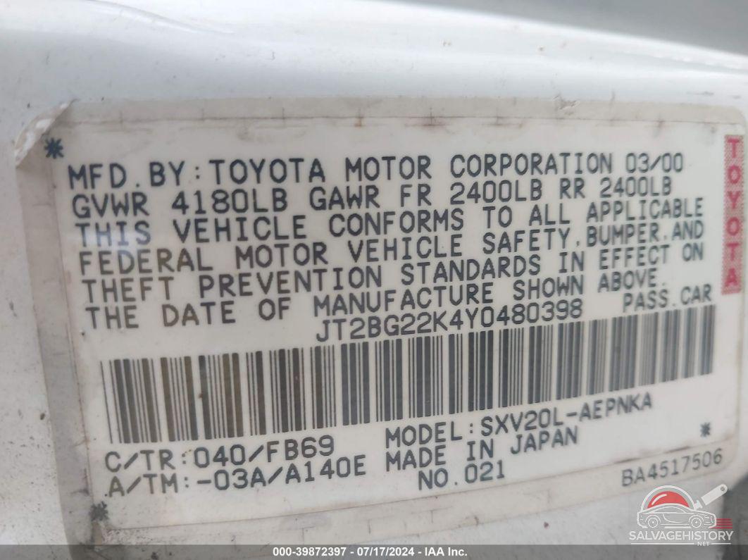 JT2BG22K4Y0480398 2000 TOYOTA CAMRY photo no. 9