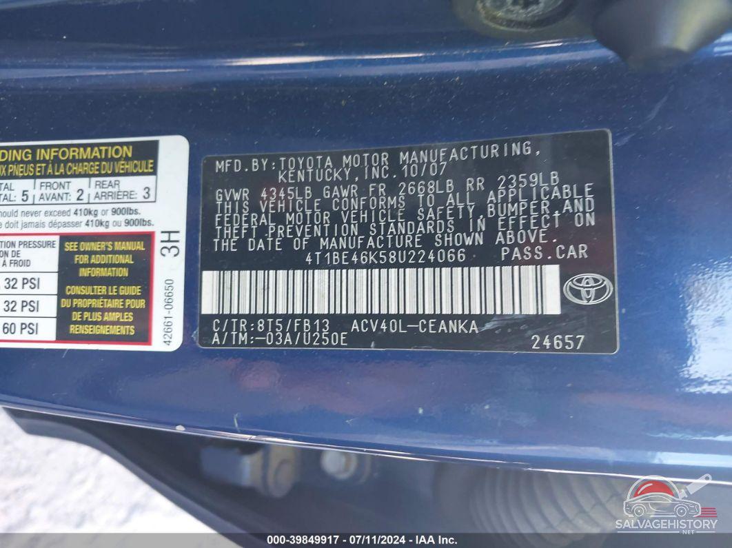 4T1BE46K58U224066 2008 TOYOTA CAMRY photo no. 9