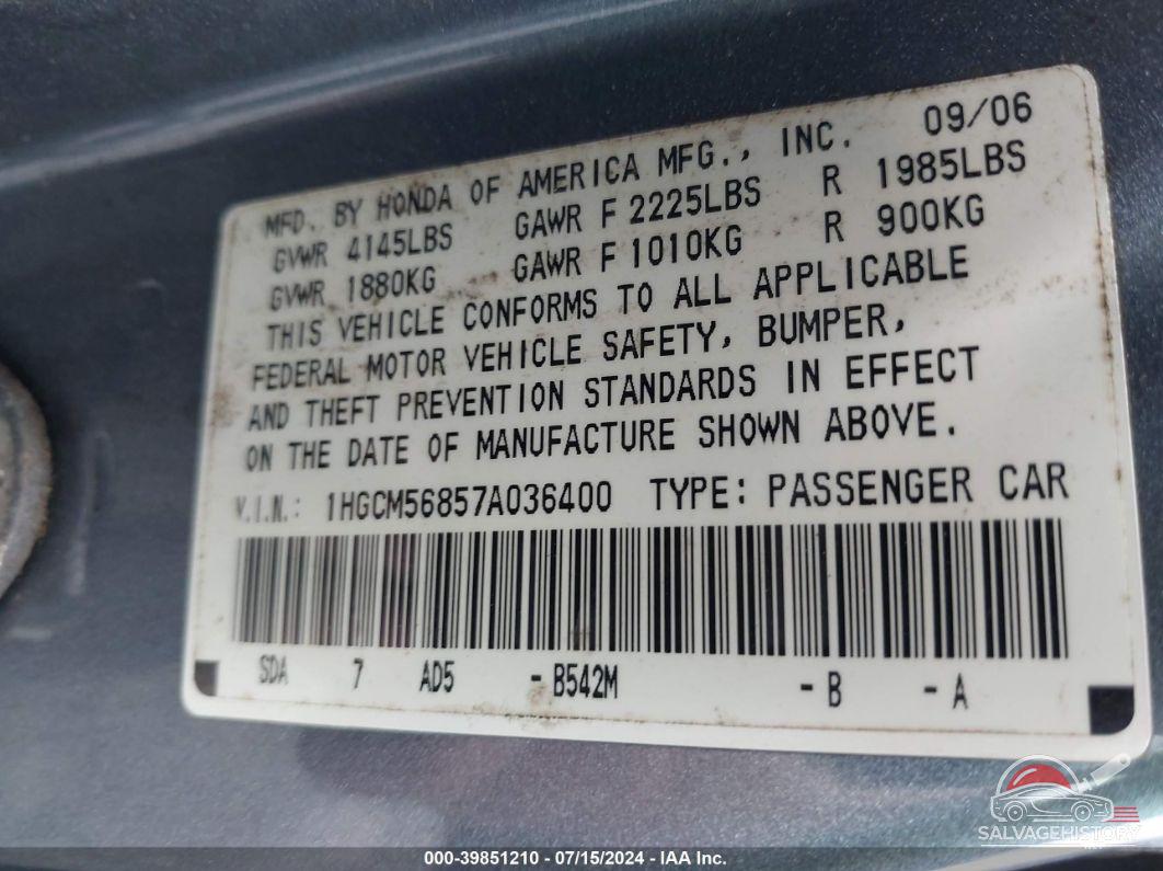 1HGCM56857A036400 2007 HONDA ACCORD photo no. 9