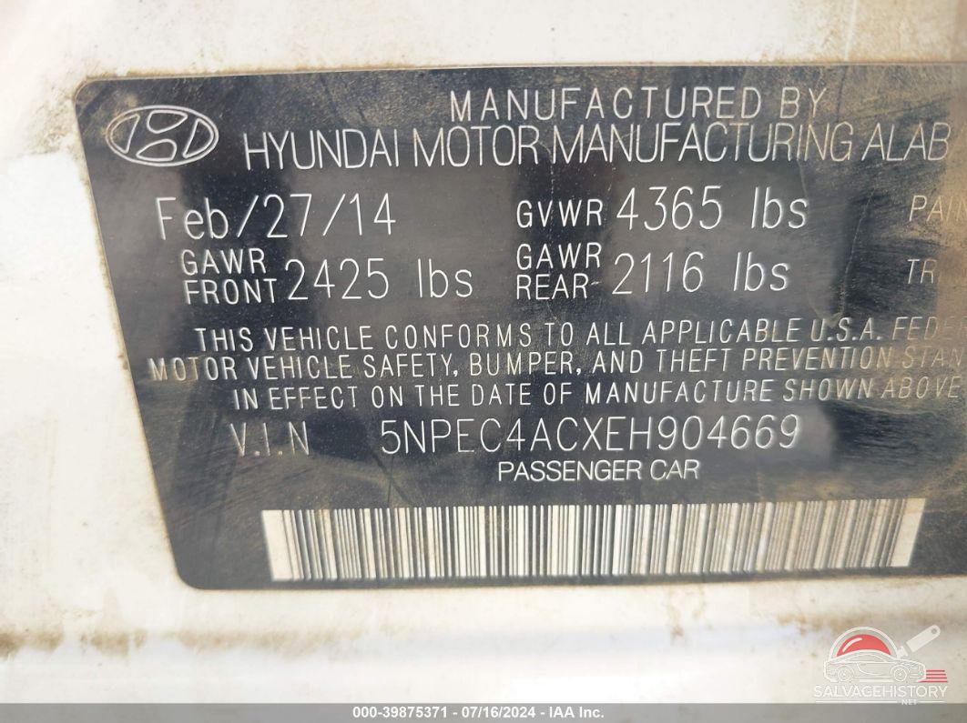 5NPEC4ACXEH904669 2014 HYUNDAI SONATA photo no. 9