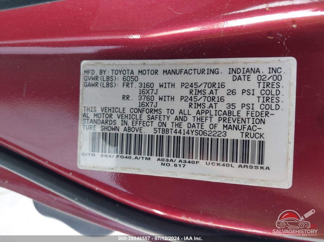5TBBT4414YS062223 2000 TOYOTA TUNDRA photo no. 9