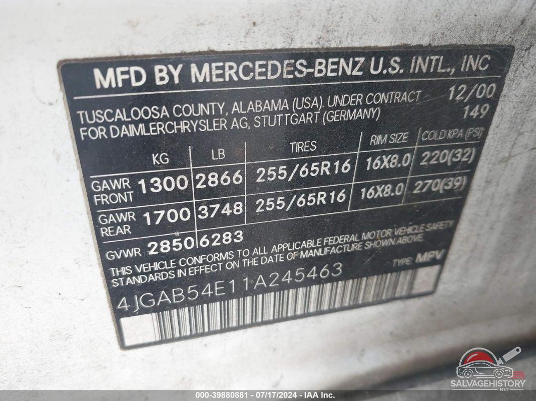 4JGAB54E11A245463 2001 MERCEDES-BENZ ML 320 photo no. 9