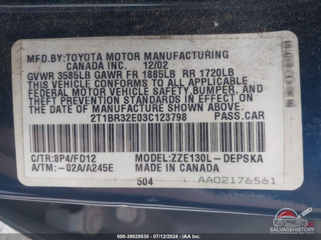 2T1BR32E03C123798 2003 TOYOTA COROLLA photo no. 9