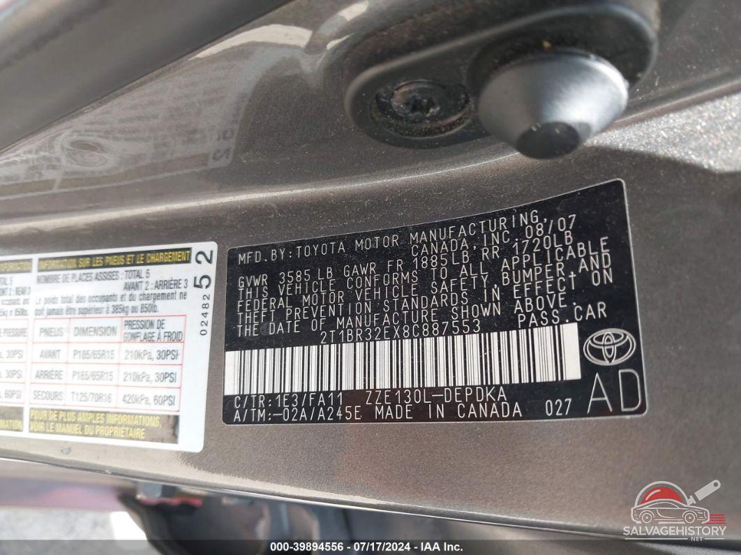 2T1BR32EX8C887553 2008 TOYOTA COROLLA photo no. 9
