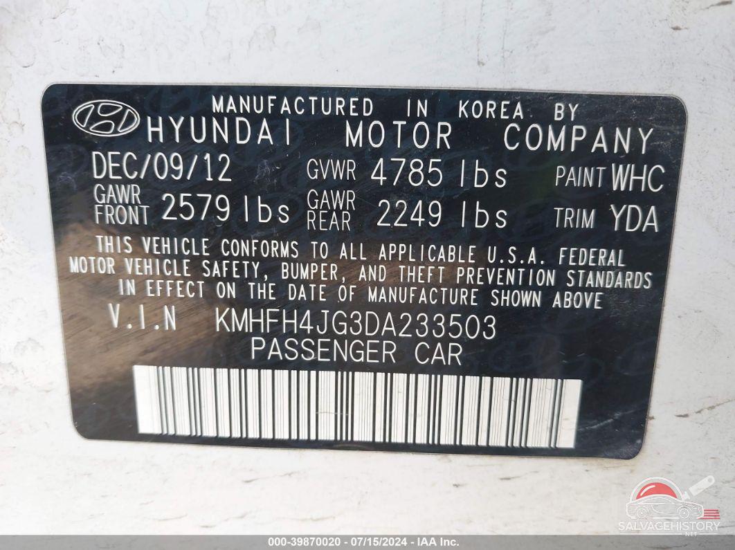 KMHFH4JG3DA233503 2013 HYUNDAI AZERA photo no. 9