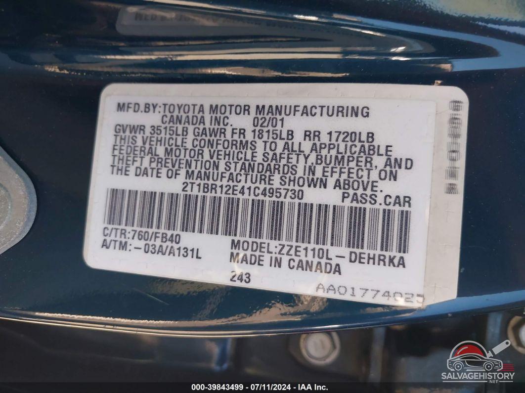 2T1BR12E41C495730 2001 TOYOTA COROLLA photo no. 9