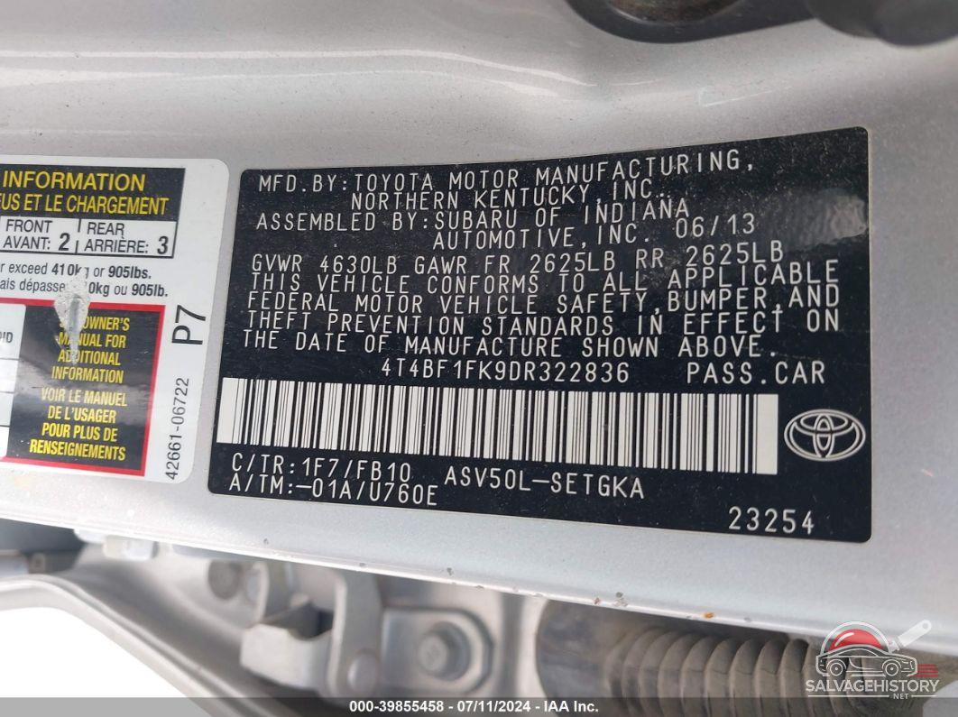 4T4BF1FK9DR322836 2013 TOYOTA CAMRY photo no. 9