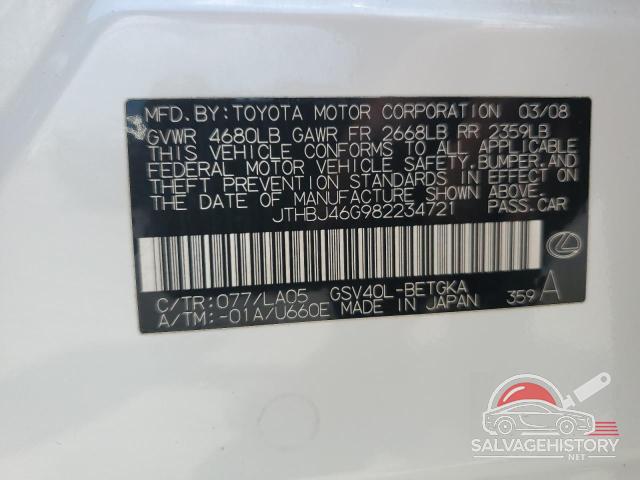 JTHBJ46G982234721 2008 LEXUS ES350 photo no. 12