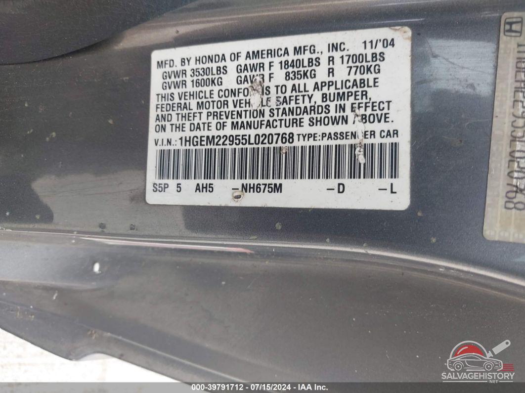 1HGEM22955L020768 2005 HONDA CIVIC photo no. 9