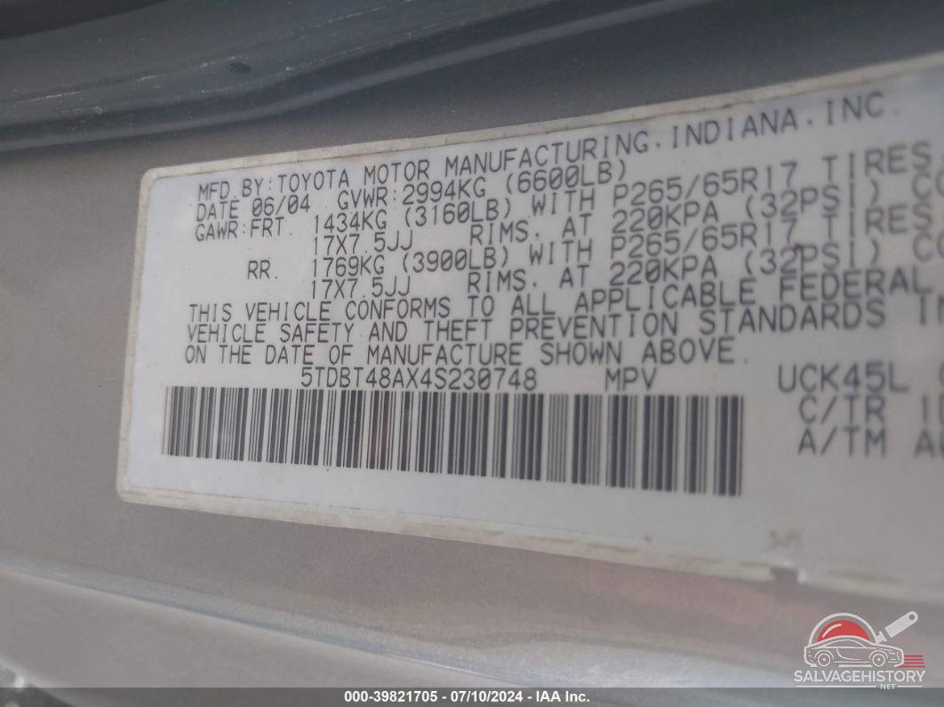 5TDBT48AX4S230748 2004 TOYOTA SEQUOIA photo no. 9
