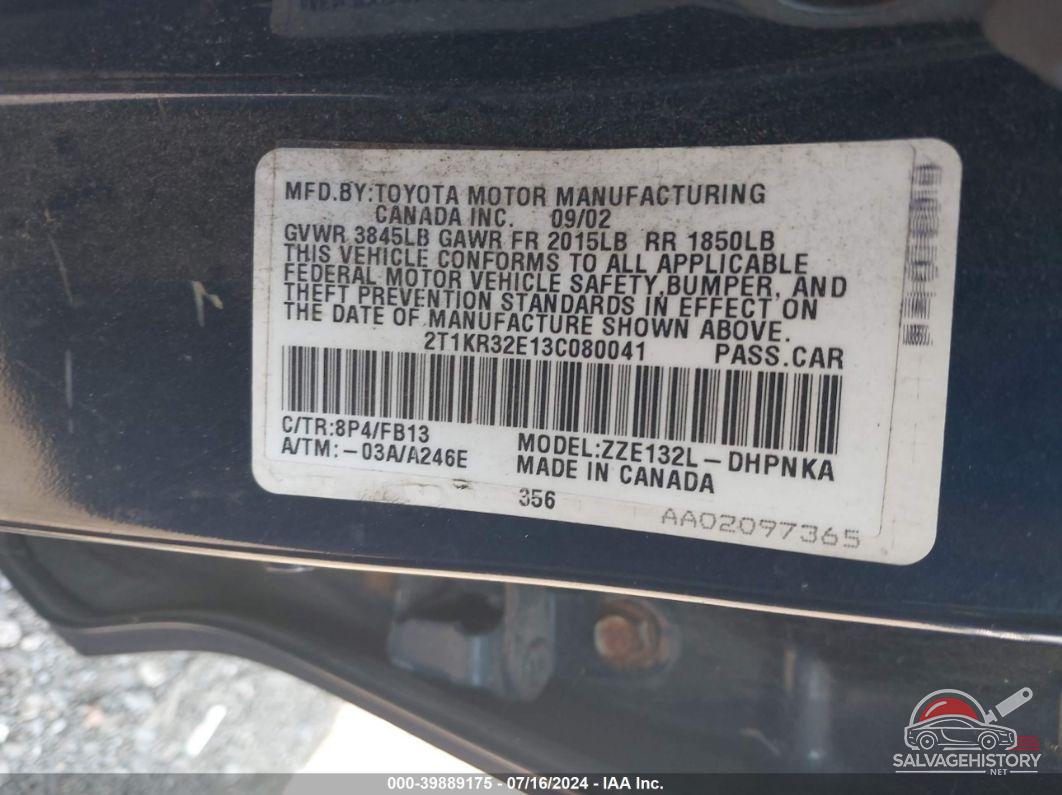 2T1KR32E13C080041 2003 TOYOTA MATRIX photo no. 9