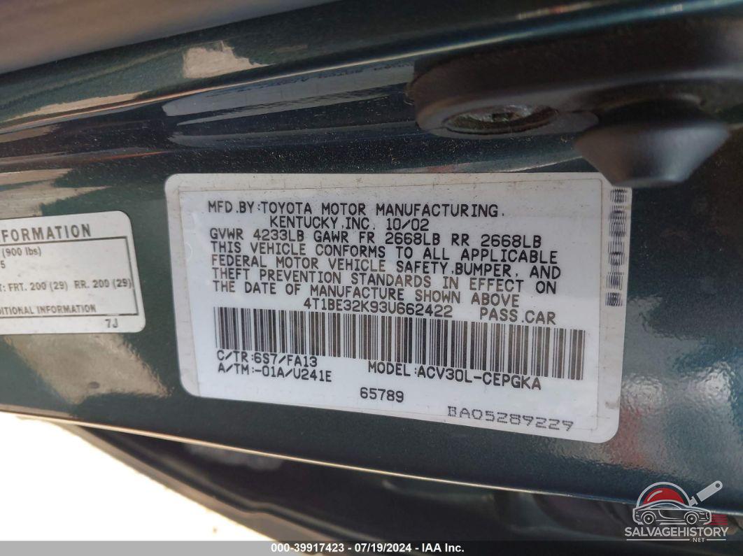 4T1BE32K93U662422 2003 TOYOTA CAMRY photo no. 9