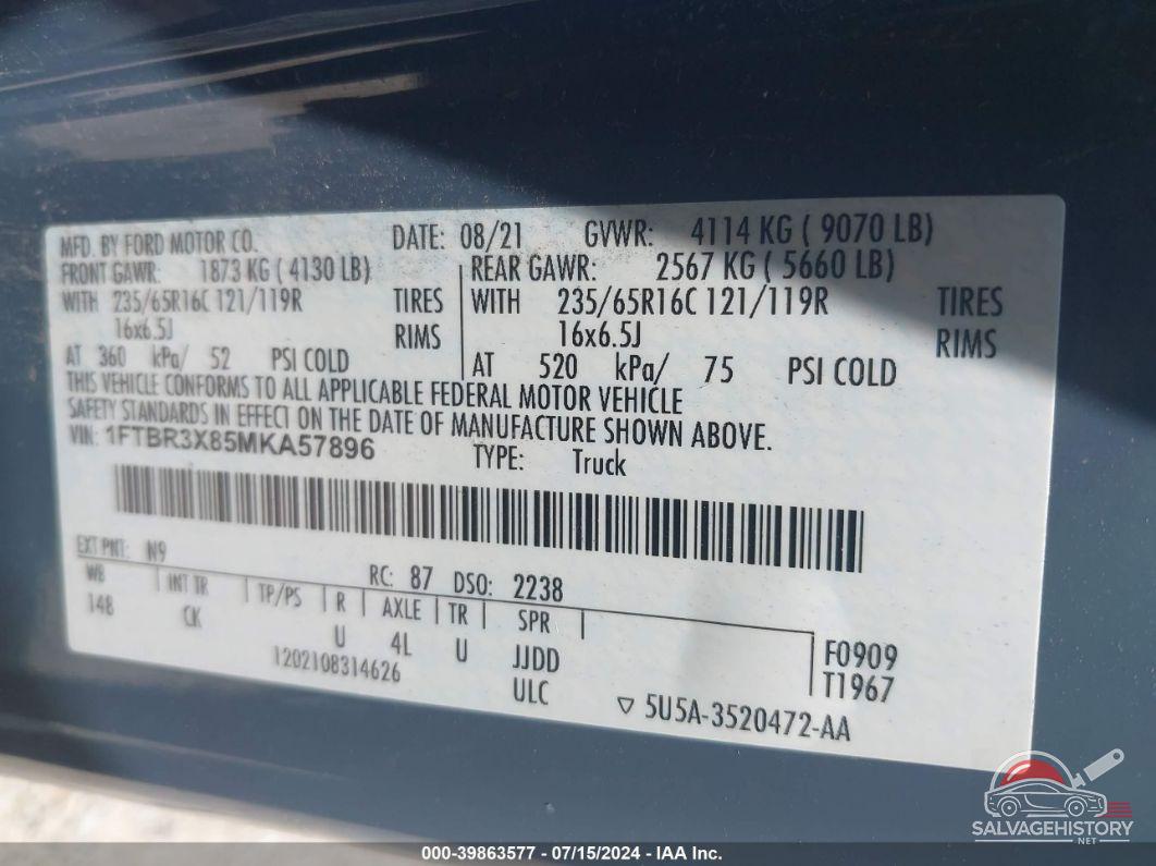 1FTBR3X85MKA57896 2021 FORD TRANSIT-250 CARGO VAN photo no. 9