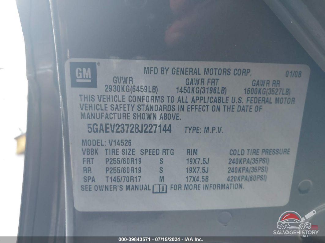 5GAEV23728J227144 2008 BUICK ENCLAVE photo no. 9