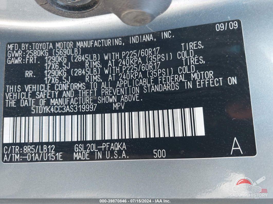 5TDYK4CC3AS319997 2010 TOYOTA SIENNA photo no. 9