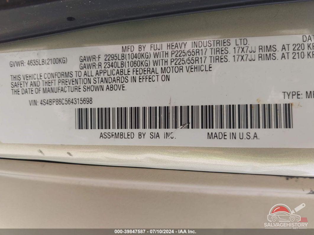 4S4BP86C564315698 2006 SUBARU OUTBACK photo no. 9