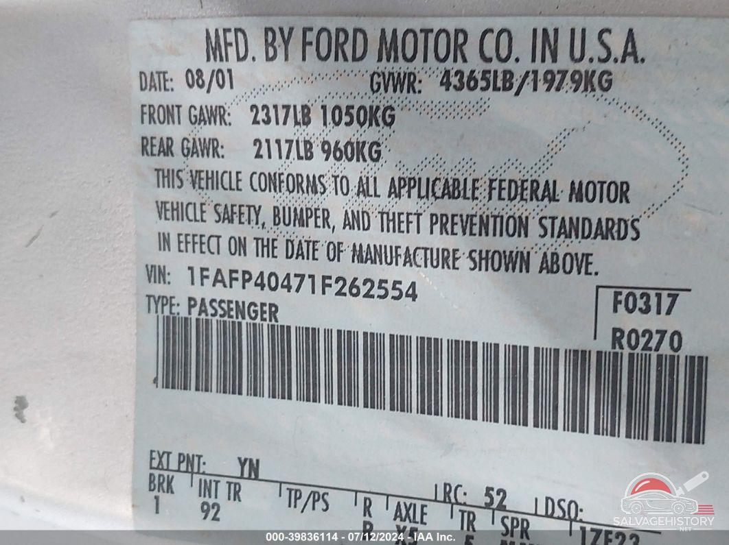 1FAFP40471F262554 2001 FORD MUSTANG photo no. 9