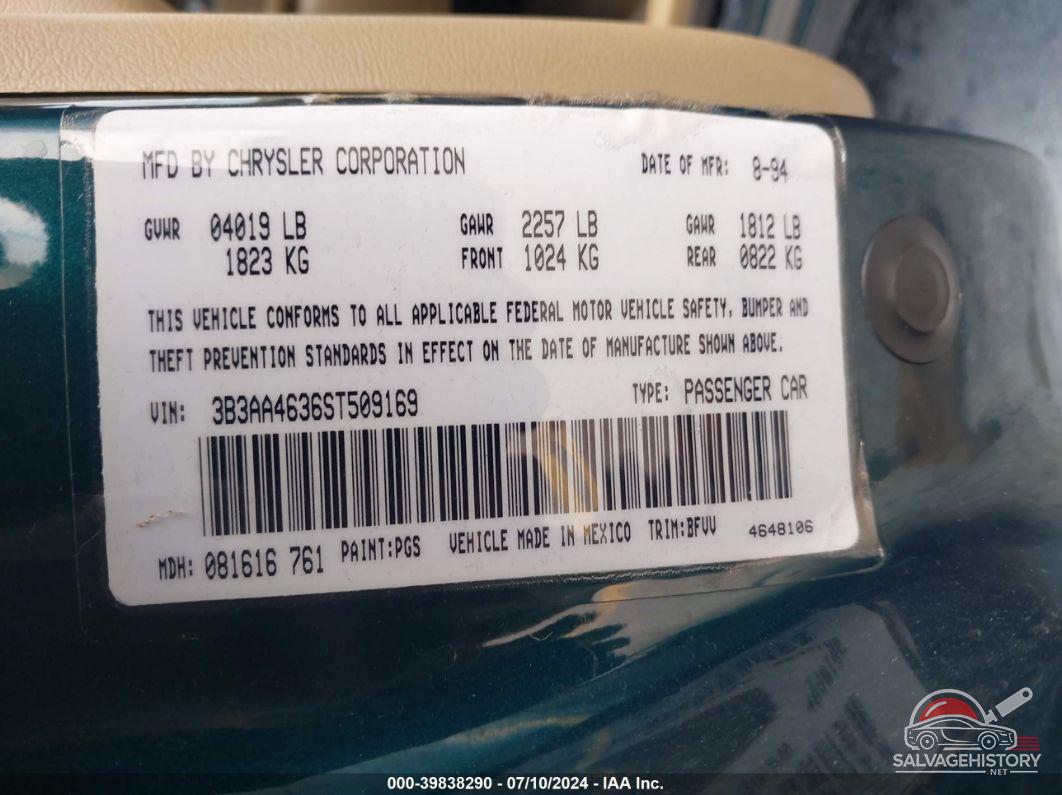 3B3AA4636ST509169 1995 DODGE SPIRIT photo no. 9
