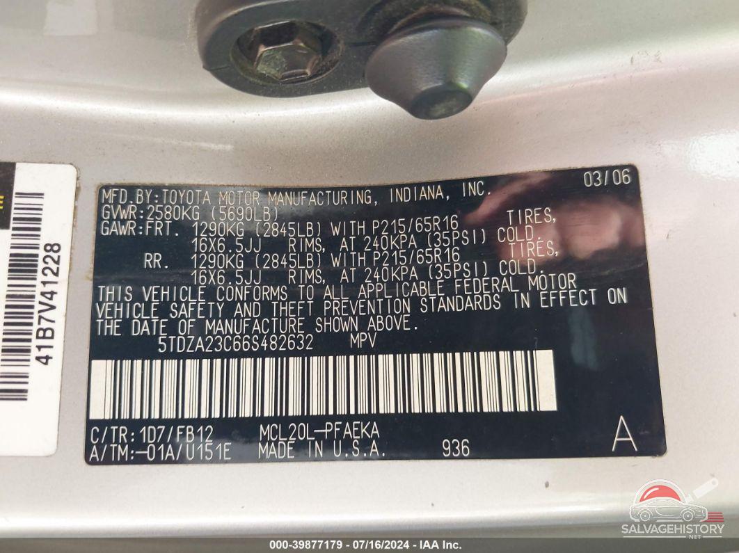 5TDZA23C66S482632 2006 TOYOTA SIENNA photo no. 9
