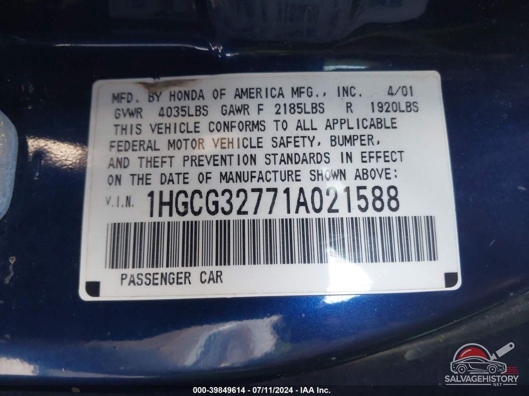 1HGCG32771A021588 2001 HONDA ACCORD photo no. 9